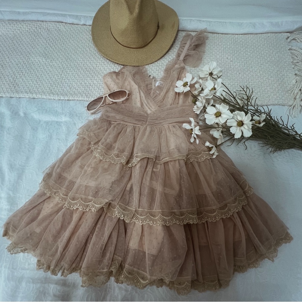 Elegant Lace Trimmed Tan Mini Dress